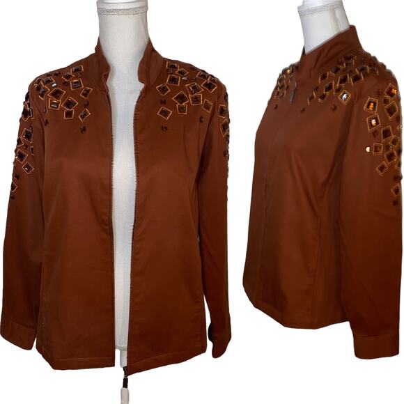 Bob Mackie Wearable Art Jacket Embellished Gems Full Zip, Brown, Size Medium - Picture 2 of 9